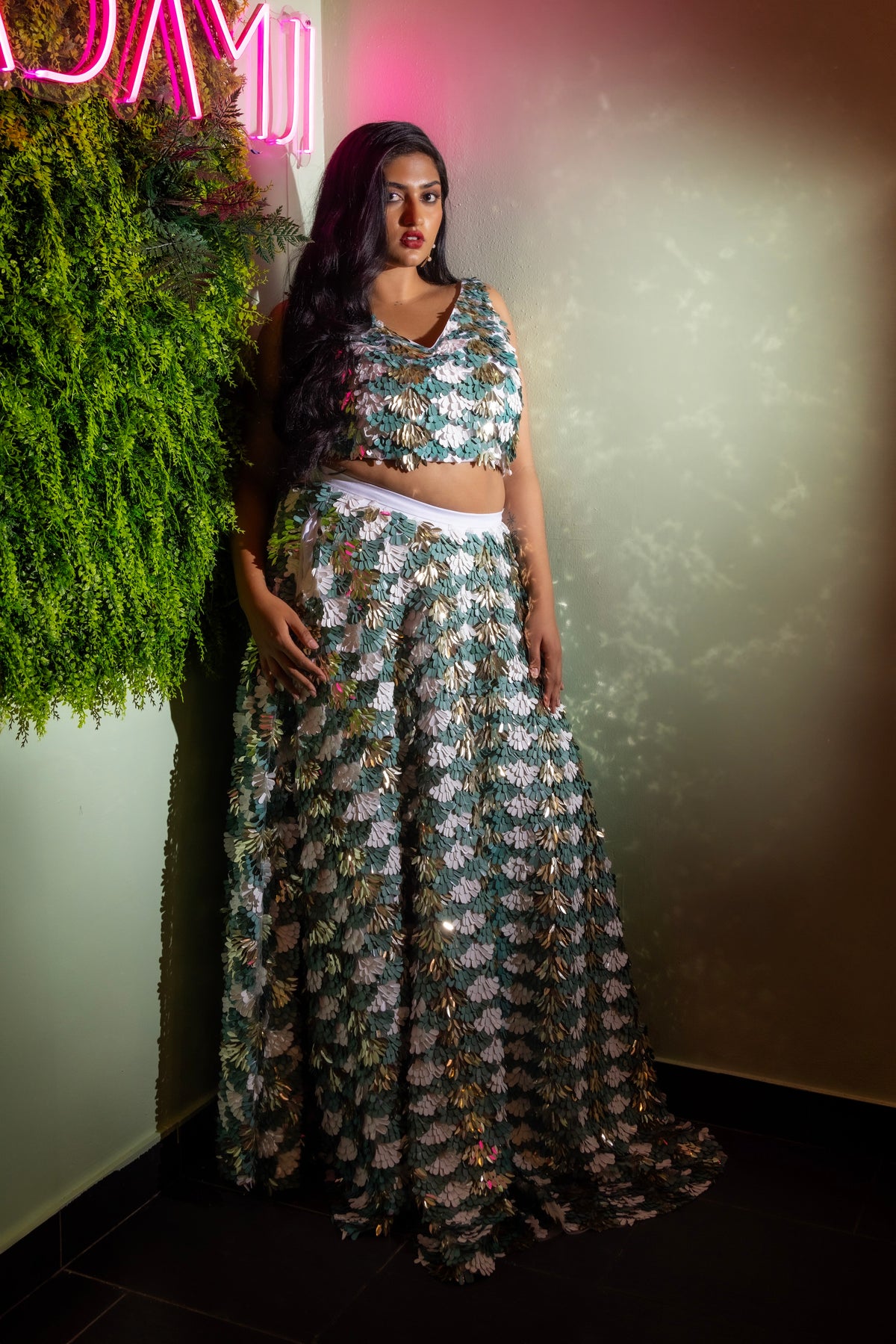 BENITA Green Sequin Lehenga Set