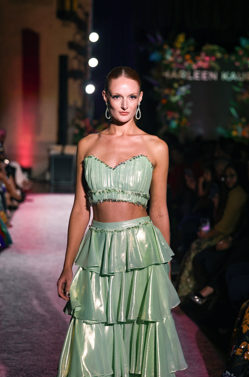 CHANELLE Strapless Pleated Metallic Mint Lehenga Top