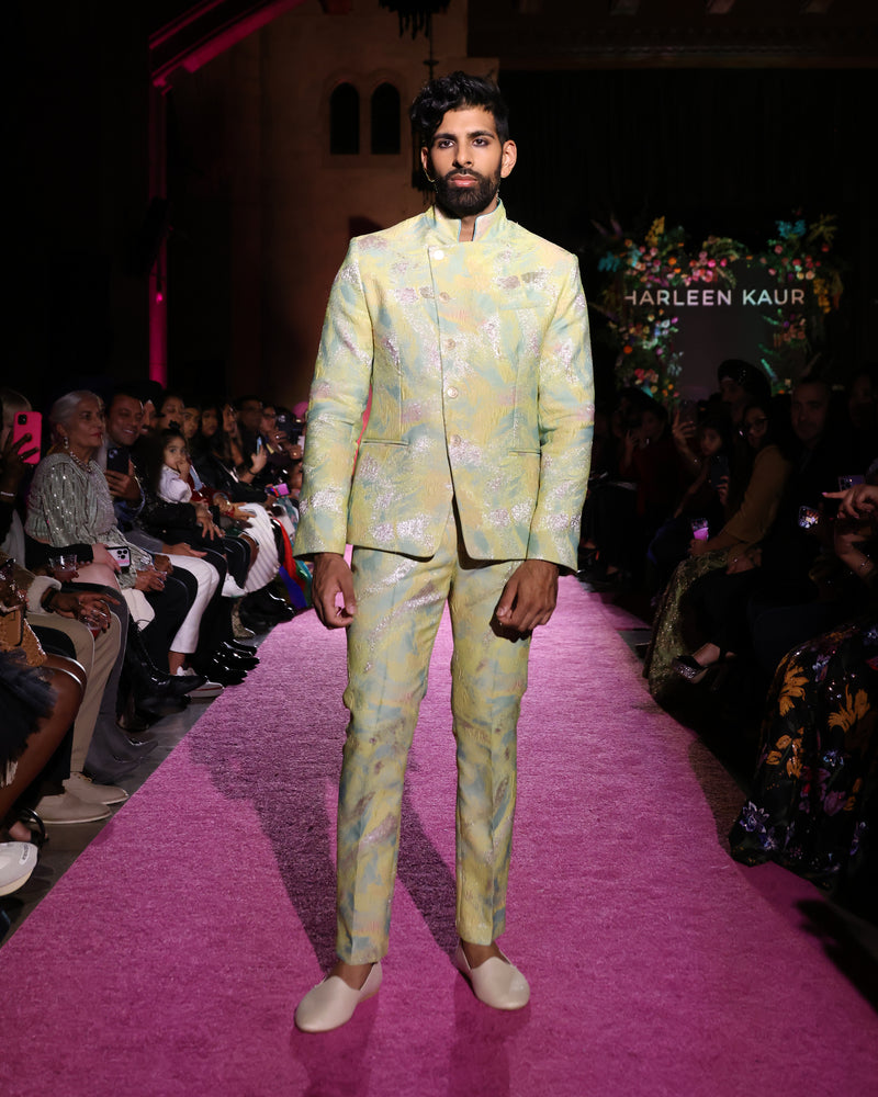 NAMUR Mint and Yellow Jodhpuri Bandhgala Suit Jacket