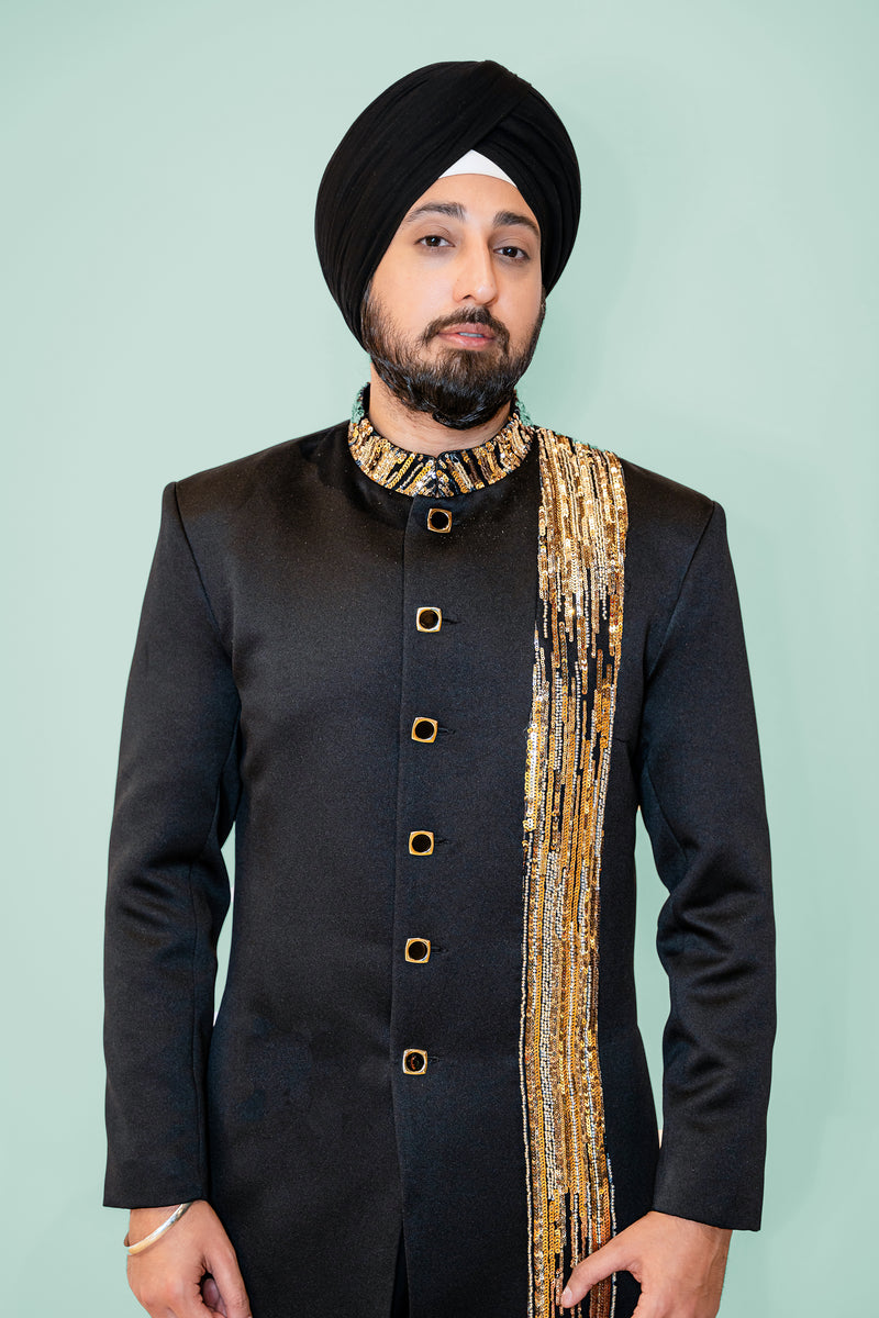 RONAK Black and Gold Sherwani