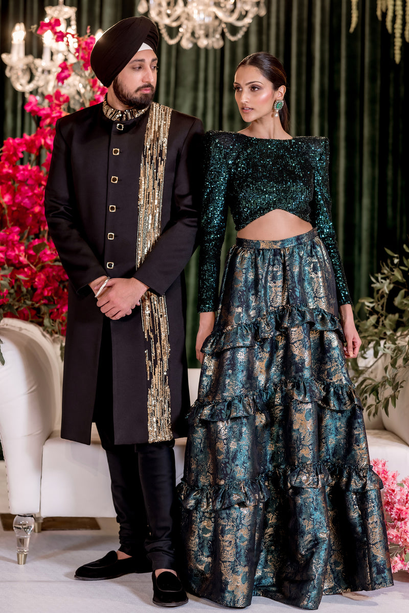 RONAK Black and Gold Sherwani