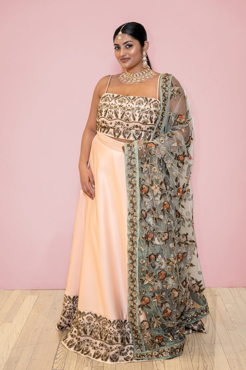 SABEENA Peach and Mint Antique Embroidered Lehenga Set