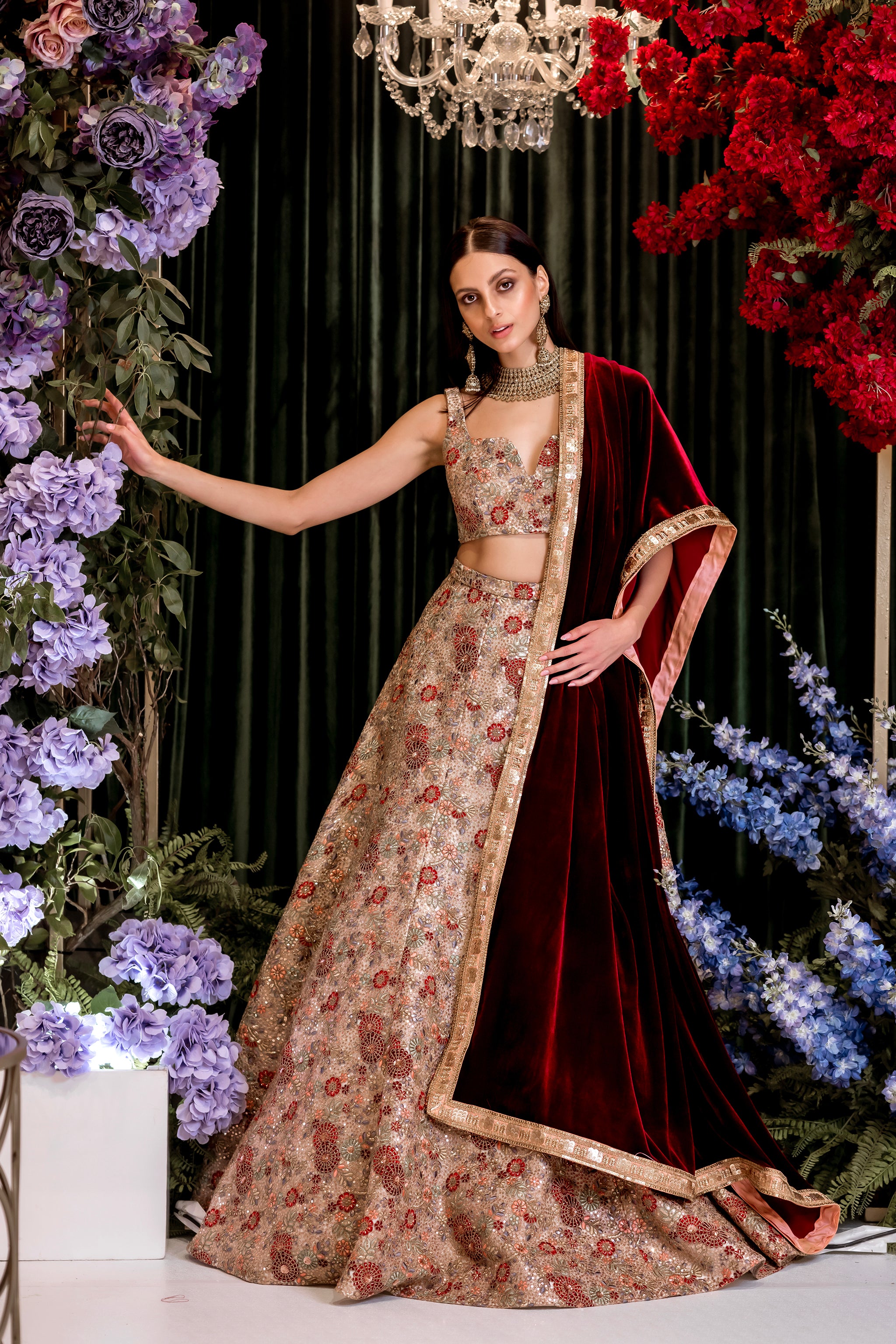 Maroon and gold bridal lehenga hotsell