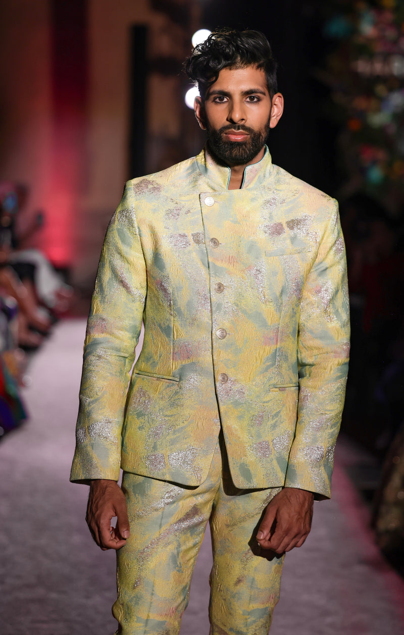 NAMUR Mint and Yellow Jodhpuri Bandhgala Suit Jacket