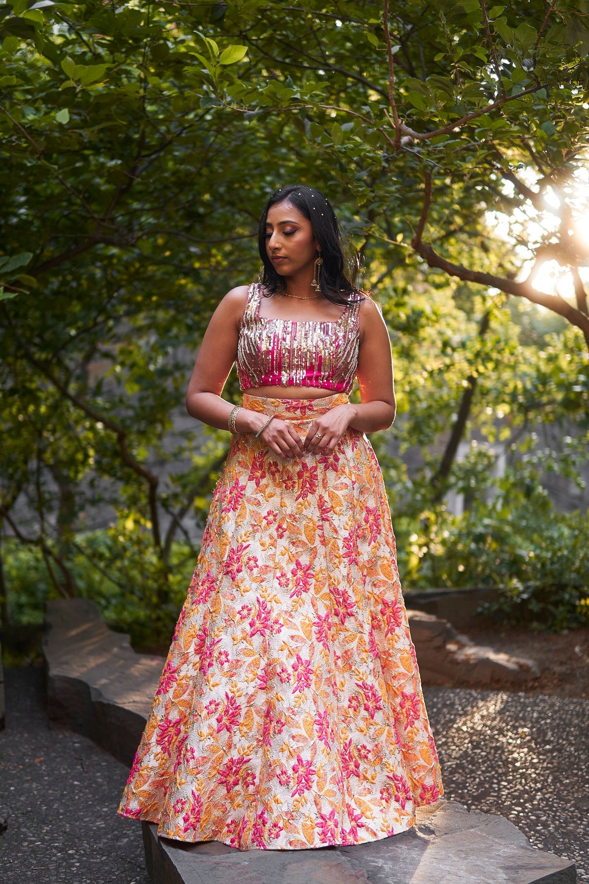 AGNI Yellow and Pink Lehenga Skirt