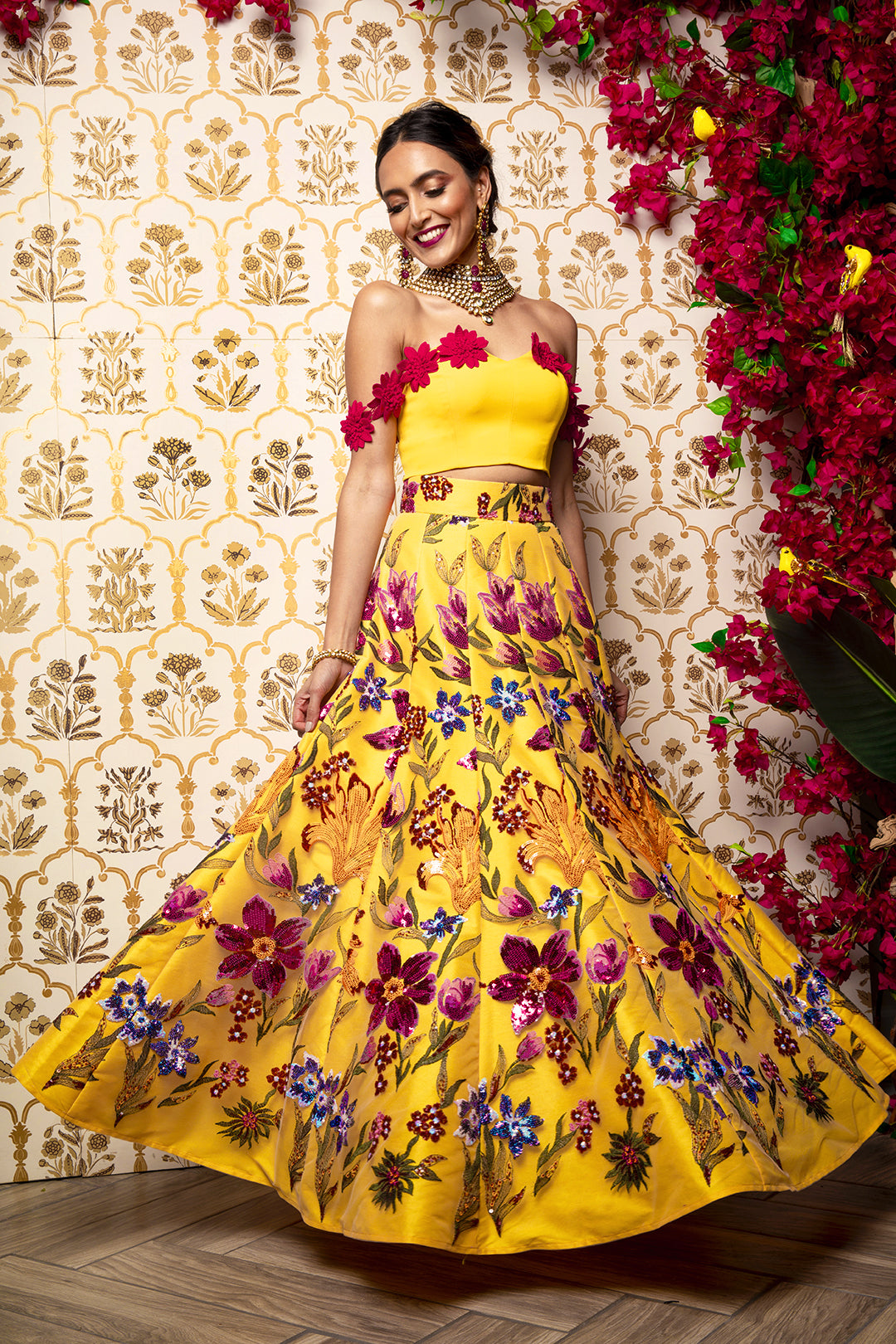 Jwala Gutta In Three-Dimensional Yellow Floral Lehenga Set – Seema Gujral