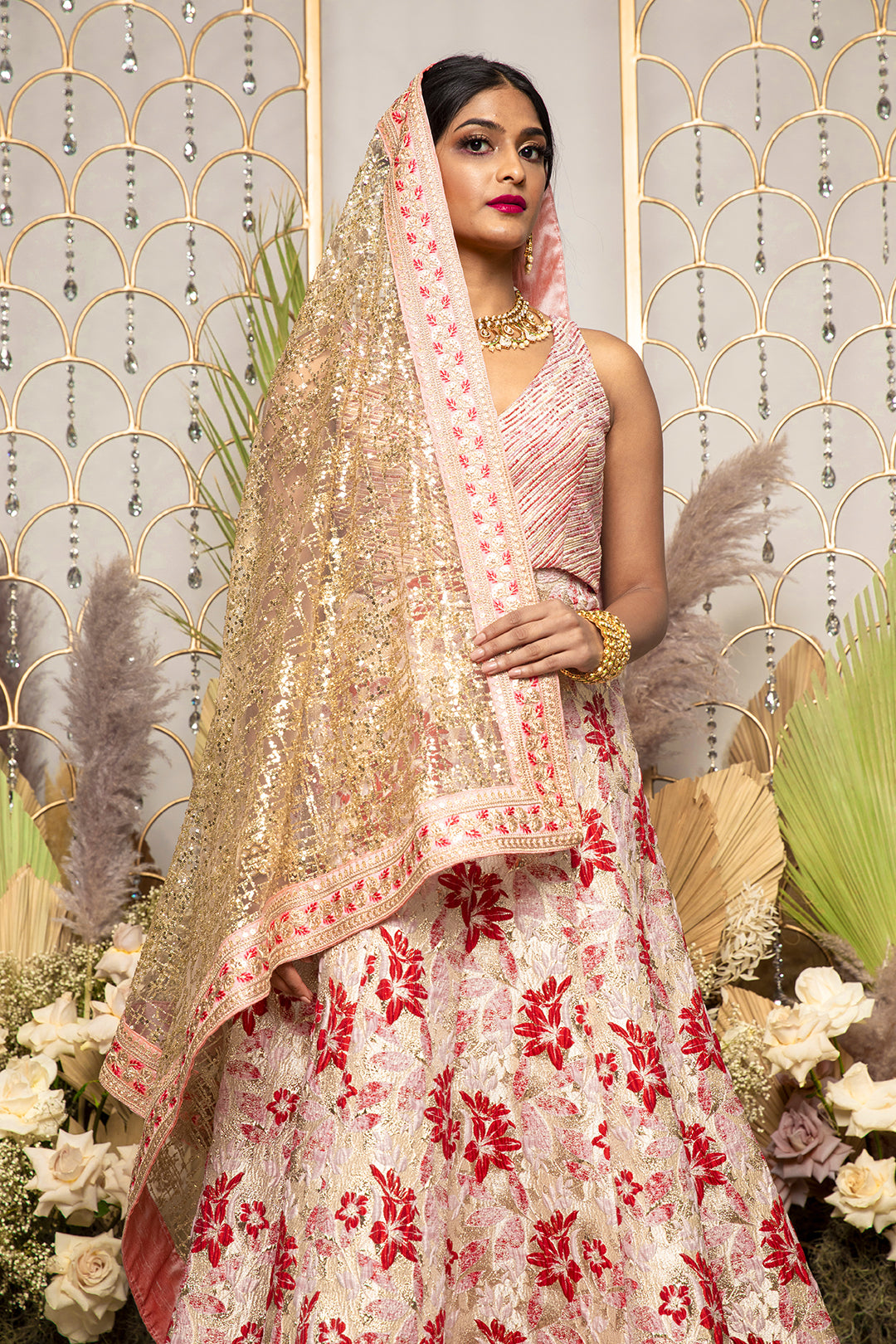 BEIGE GOLD LEHENGA SET WITH CONTRAST EMBROIDERY AND MATCHING DUPATTA -  Seasons India