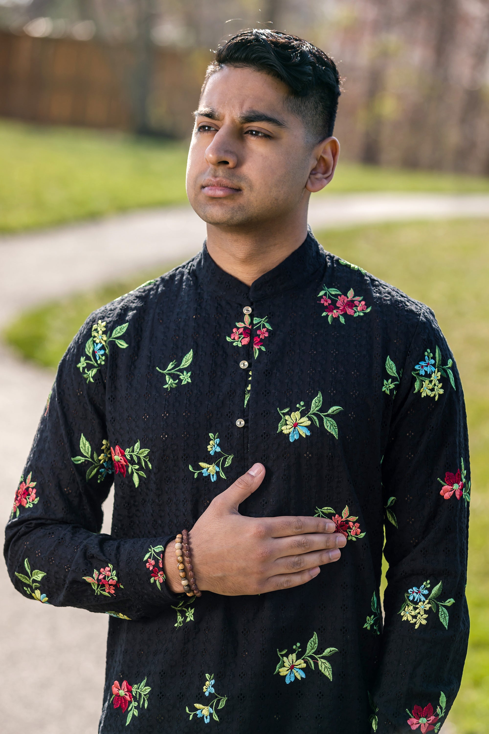 SUMEET Black Floral Embroidered Mens Kurta Shirt Mens Sangeet Outfit HARLEEN KAUR HarleenKaur