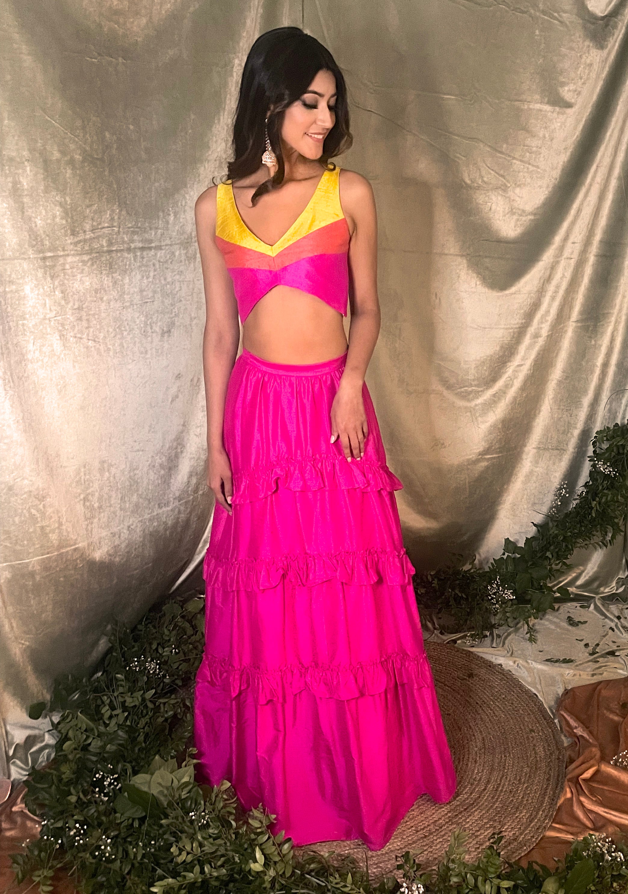 Yellow Pink Ombre Banarasi Lehenga Set – Jiya by Veer Design Studio
