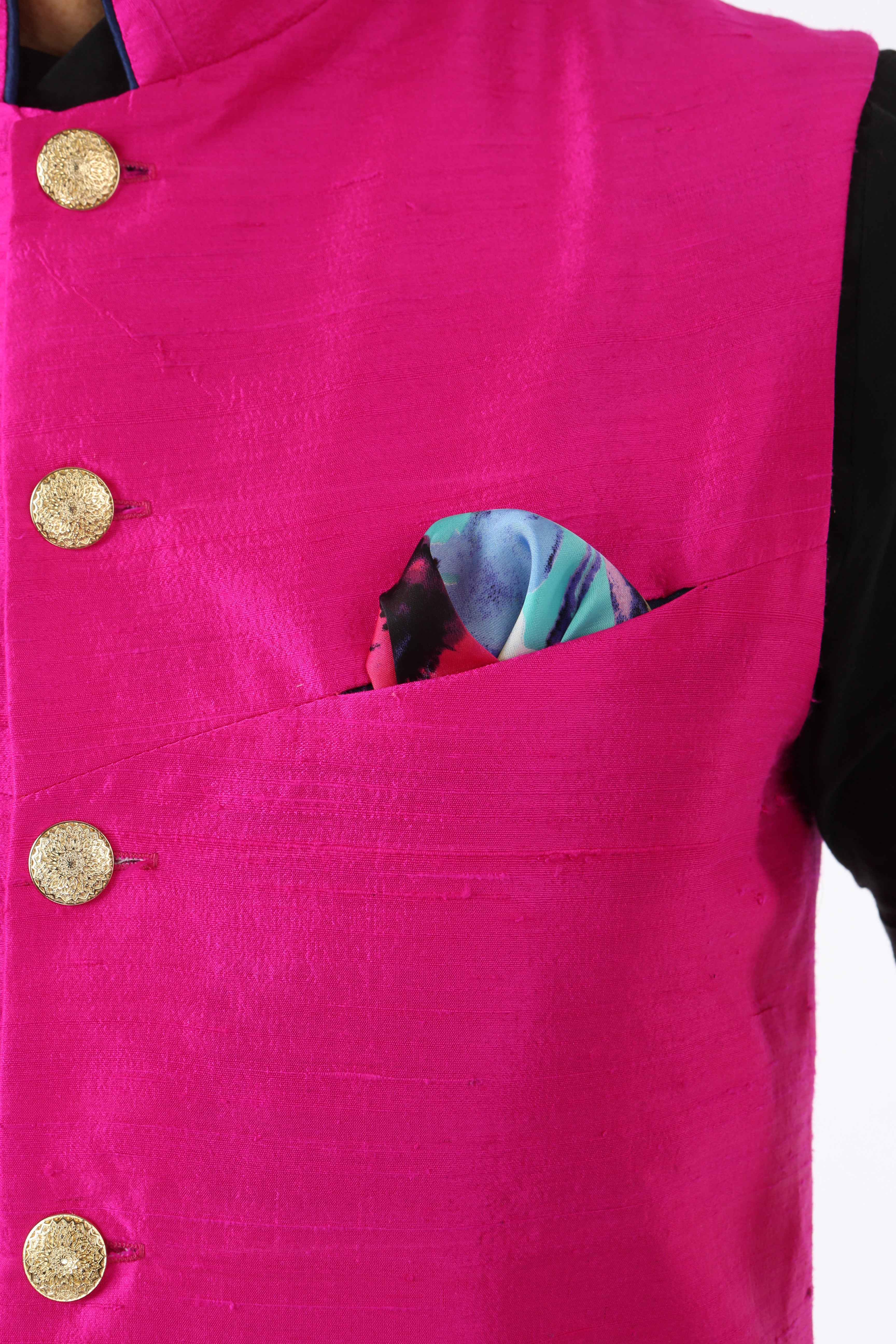 Black Raw Silk Nehru Jacket Set Design by VICUGNA at Pernia's Pop Up Shop  2024