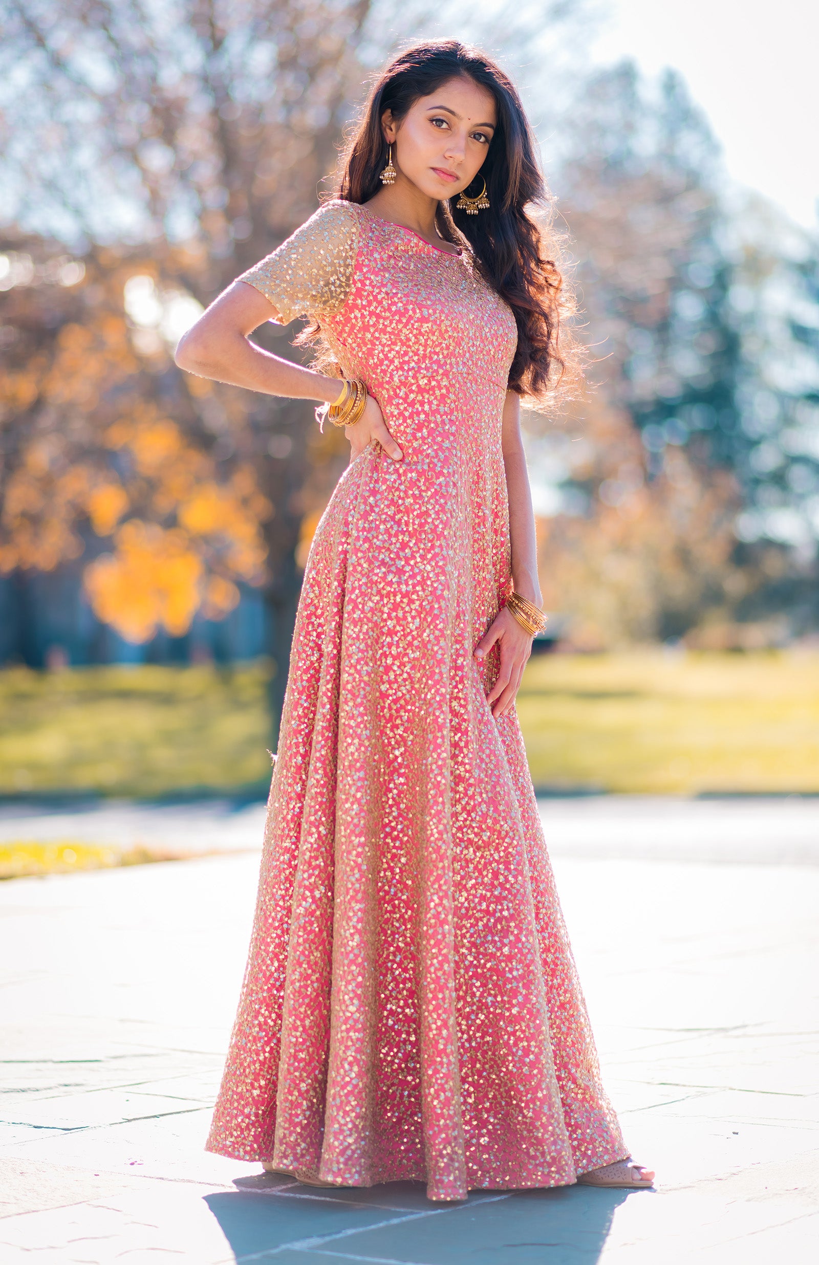 Pink Georgette Mughal-Laddi Pattern Anarkali Style Gown with All-Over  Sequins, Thread, Mirror Embroidery, And Matching Latkan Dupatta | Exotic  India Art