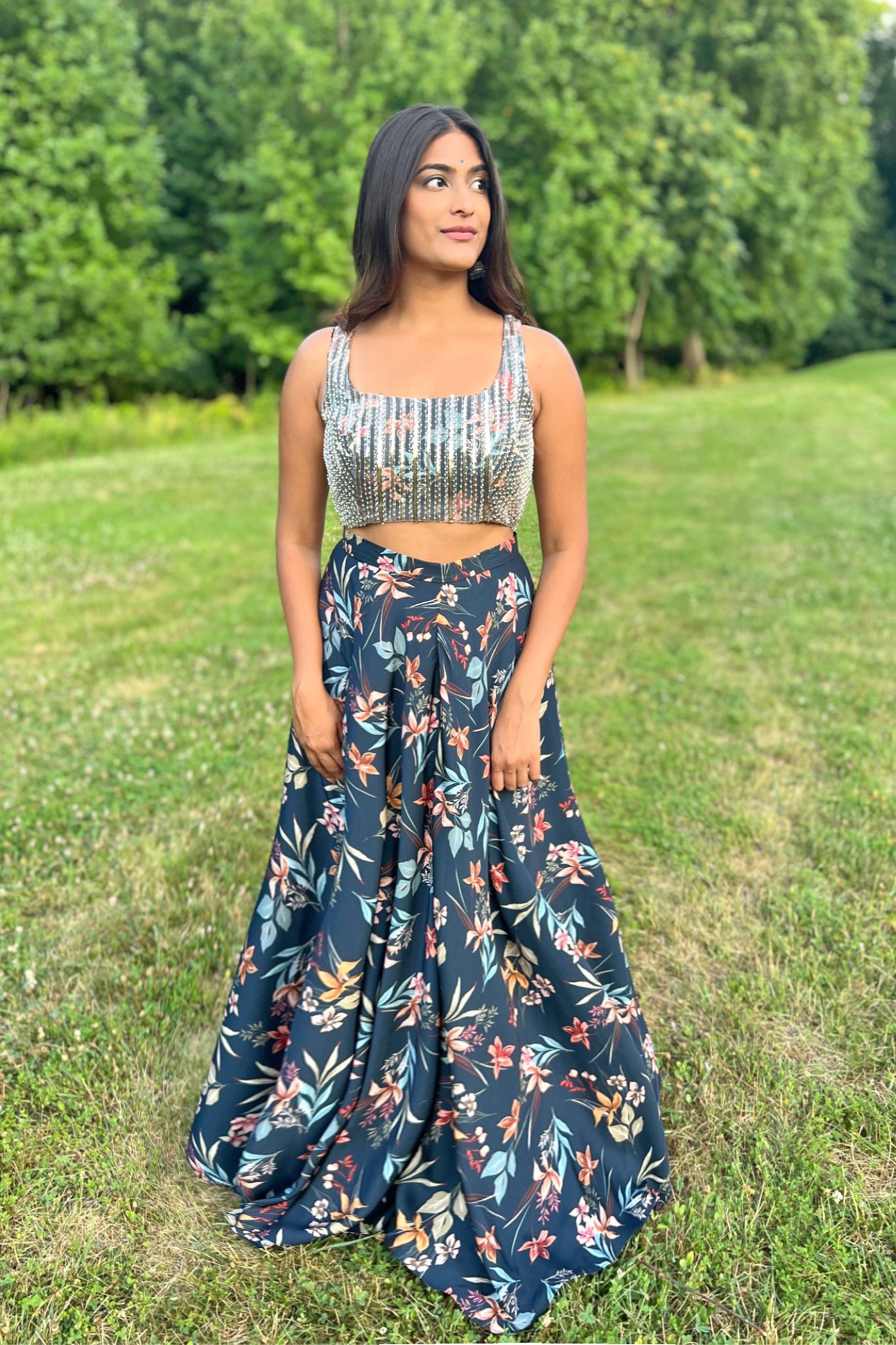 The sequin crop top with long skirt