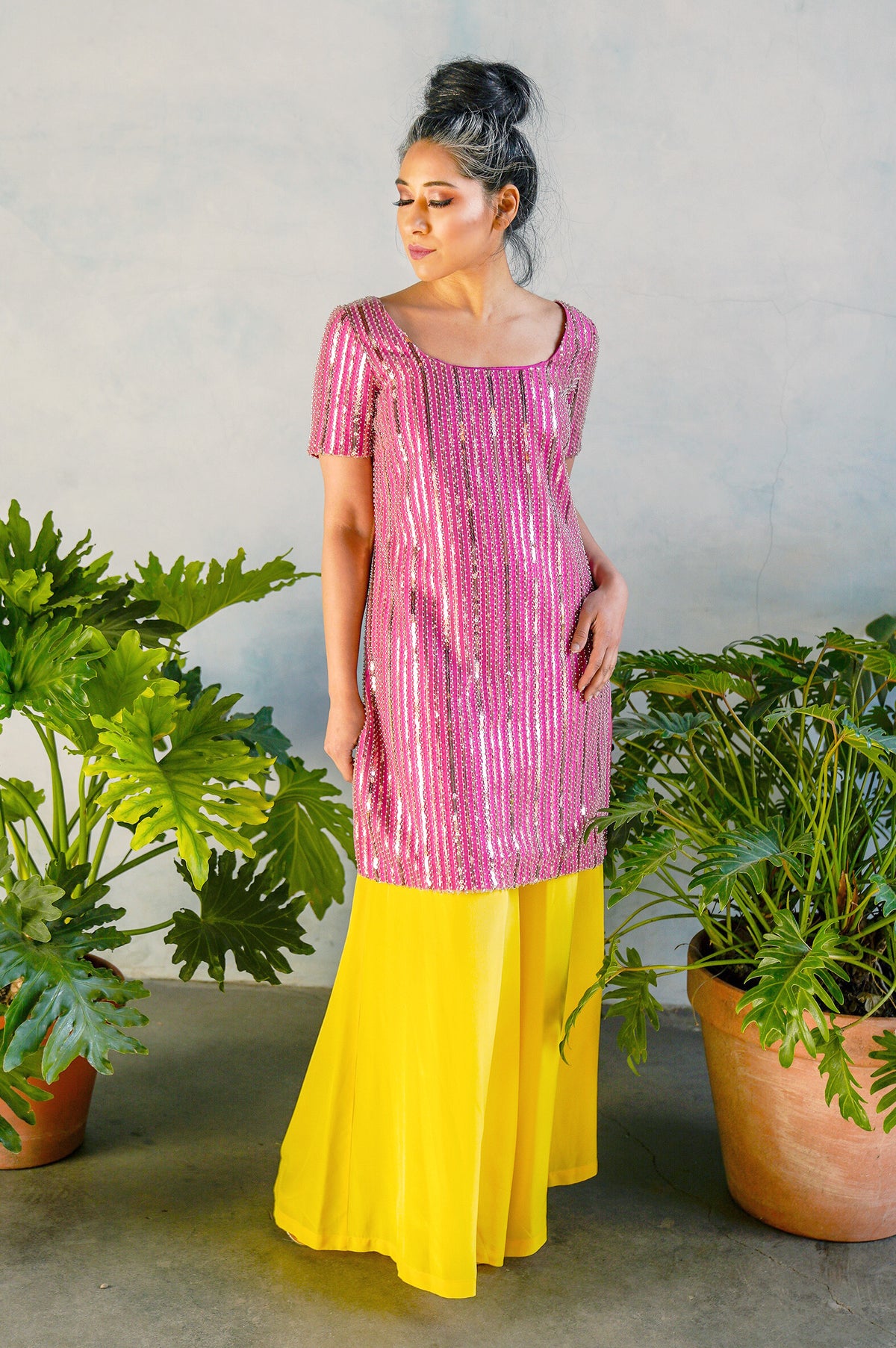 LEENU Striped Beaded Sequin Dress in Pink - Front View - Harleen Kaur