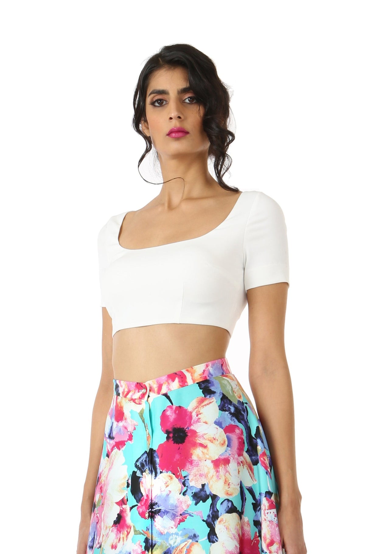 RIVA white stretch woven lehnga crop top | HARLEEN KAUR