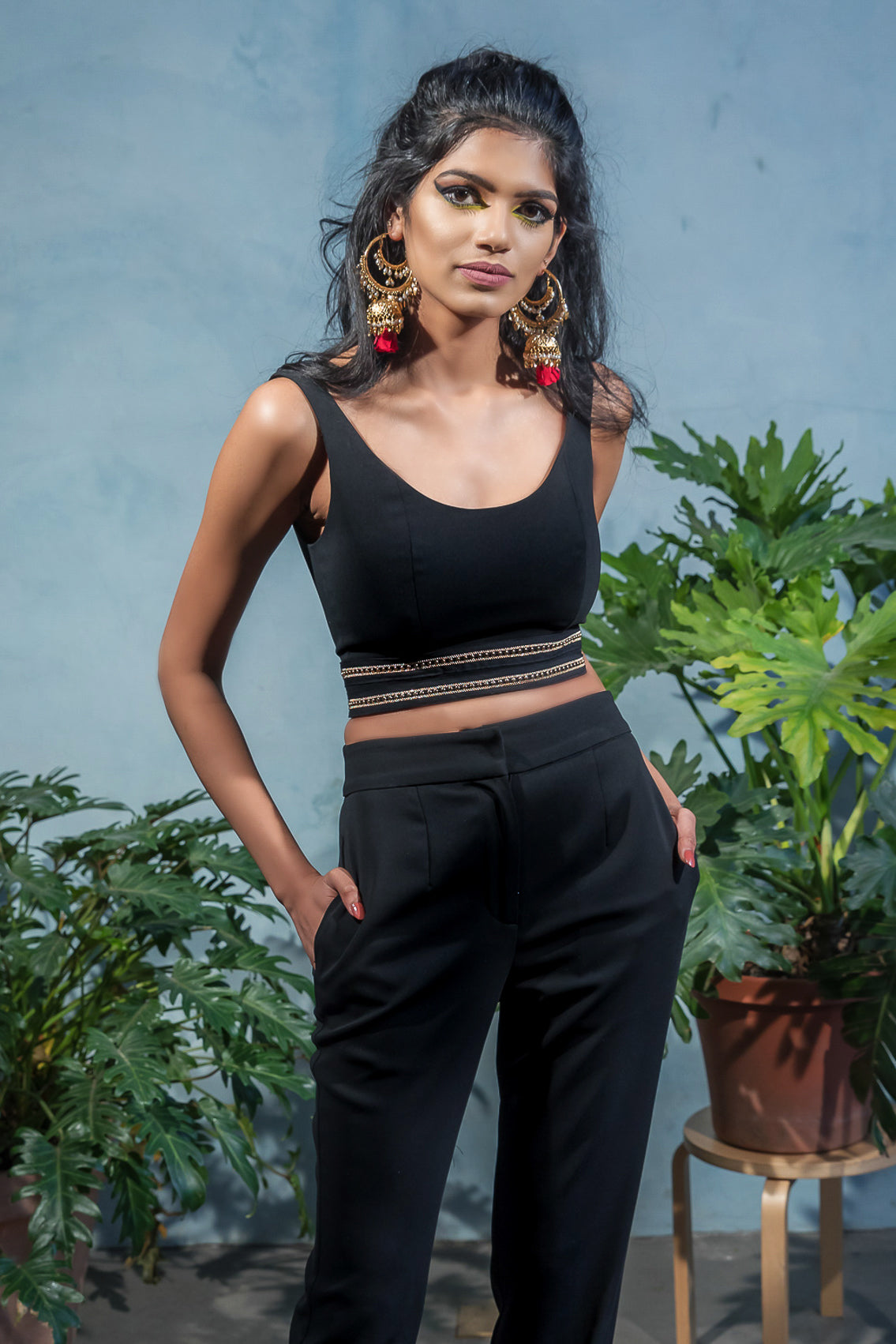 SYRAH Gold Detail Crop Top in Black - Front View - Harleen Kaur